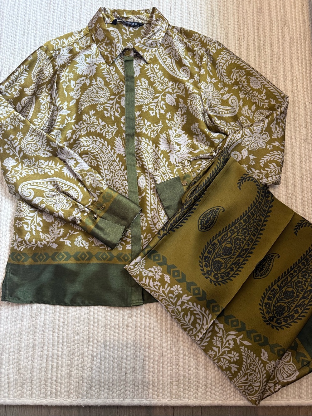 Zara SET, Olive Paisley Print Button-Up Shirt & Pants both in Medium